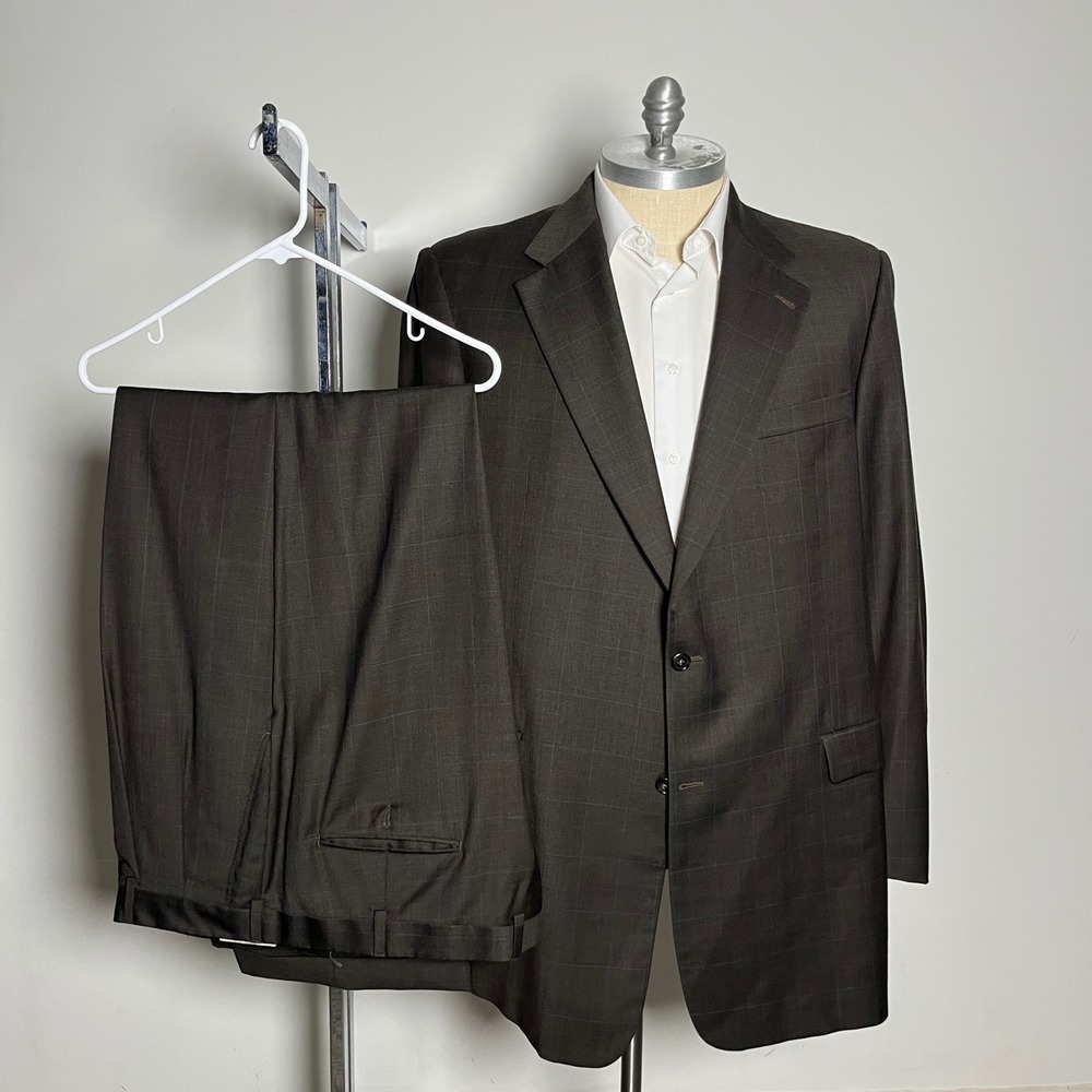 Burberry London Suit Mens 50XLG 45W Brown Windowpane Wool 2-Button USA Made